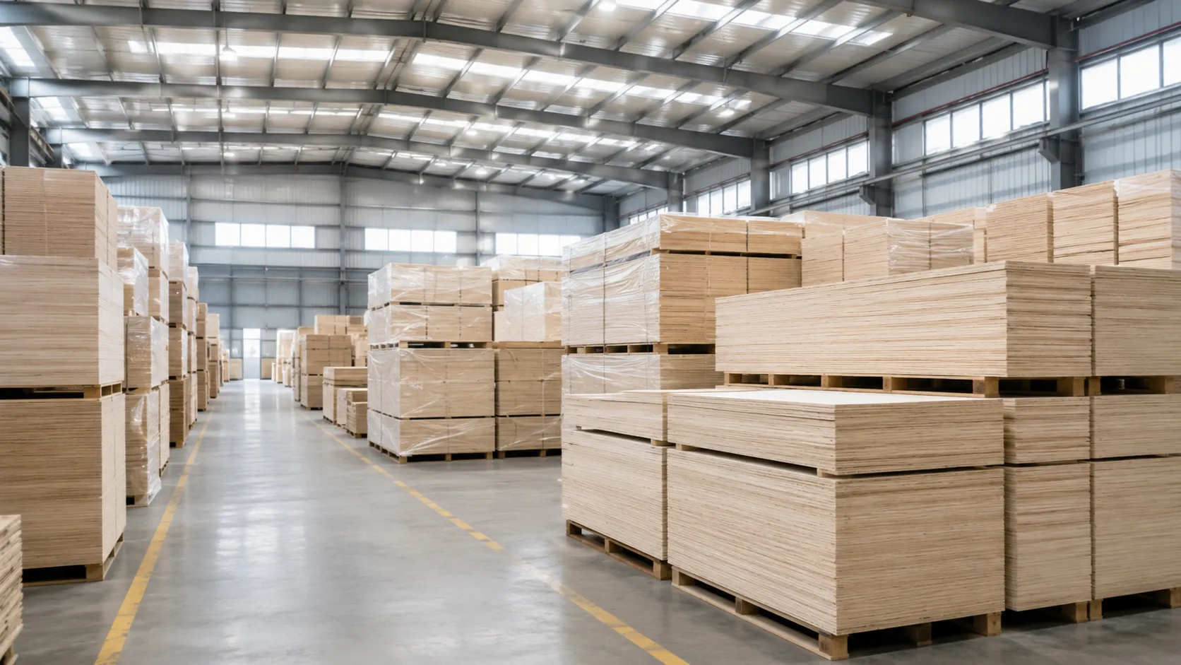 Finished plywood panels stored for container orders and international delivery