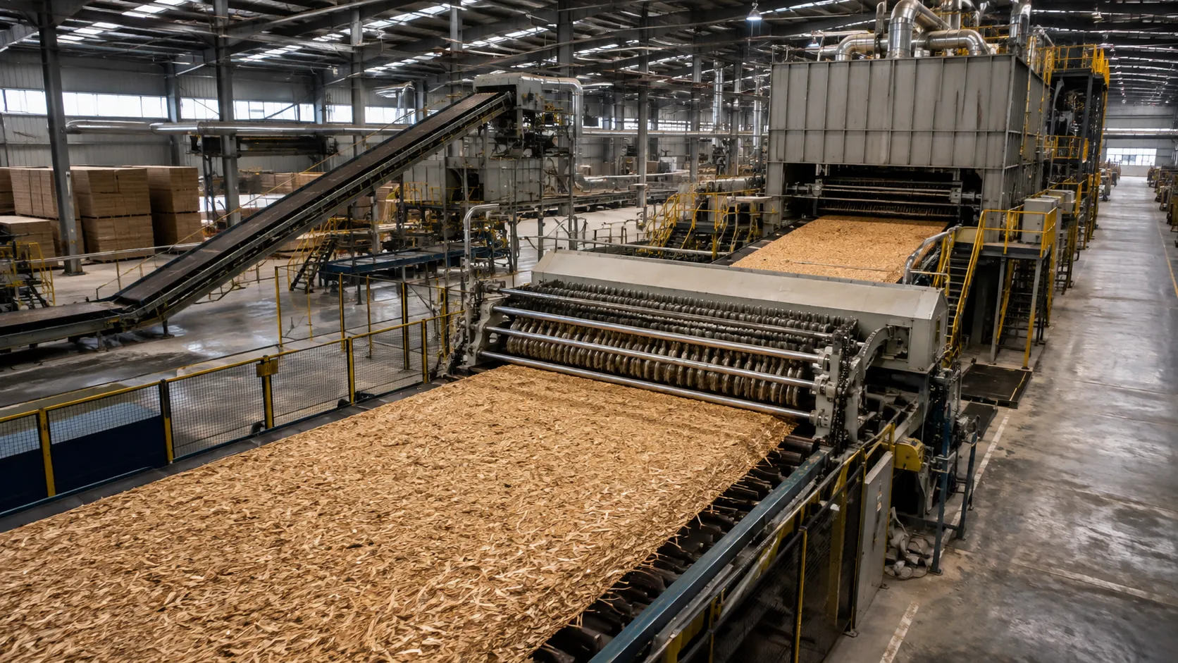 OSB production line with strand forming and hot pressing process