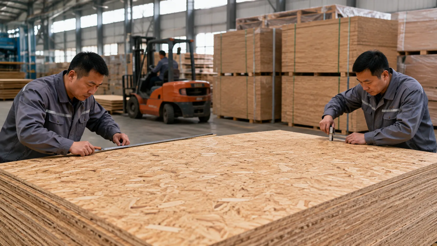 Finished OSB panels prepared for quality inspection and shipment