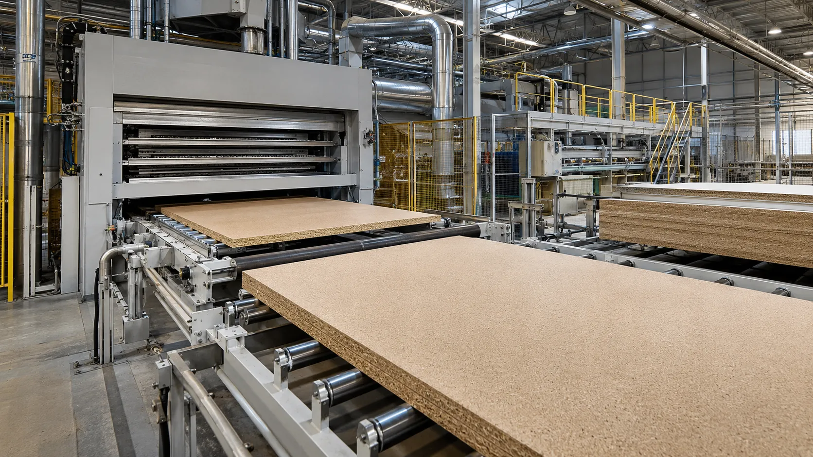Particleboard production line and hot pressing process
