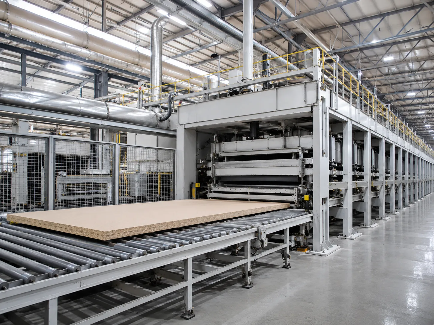 Continuous press line for MDF and particleboard production