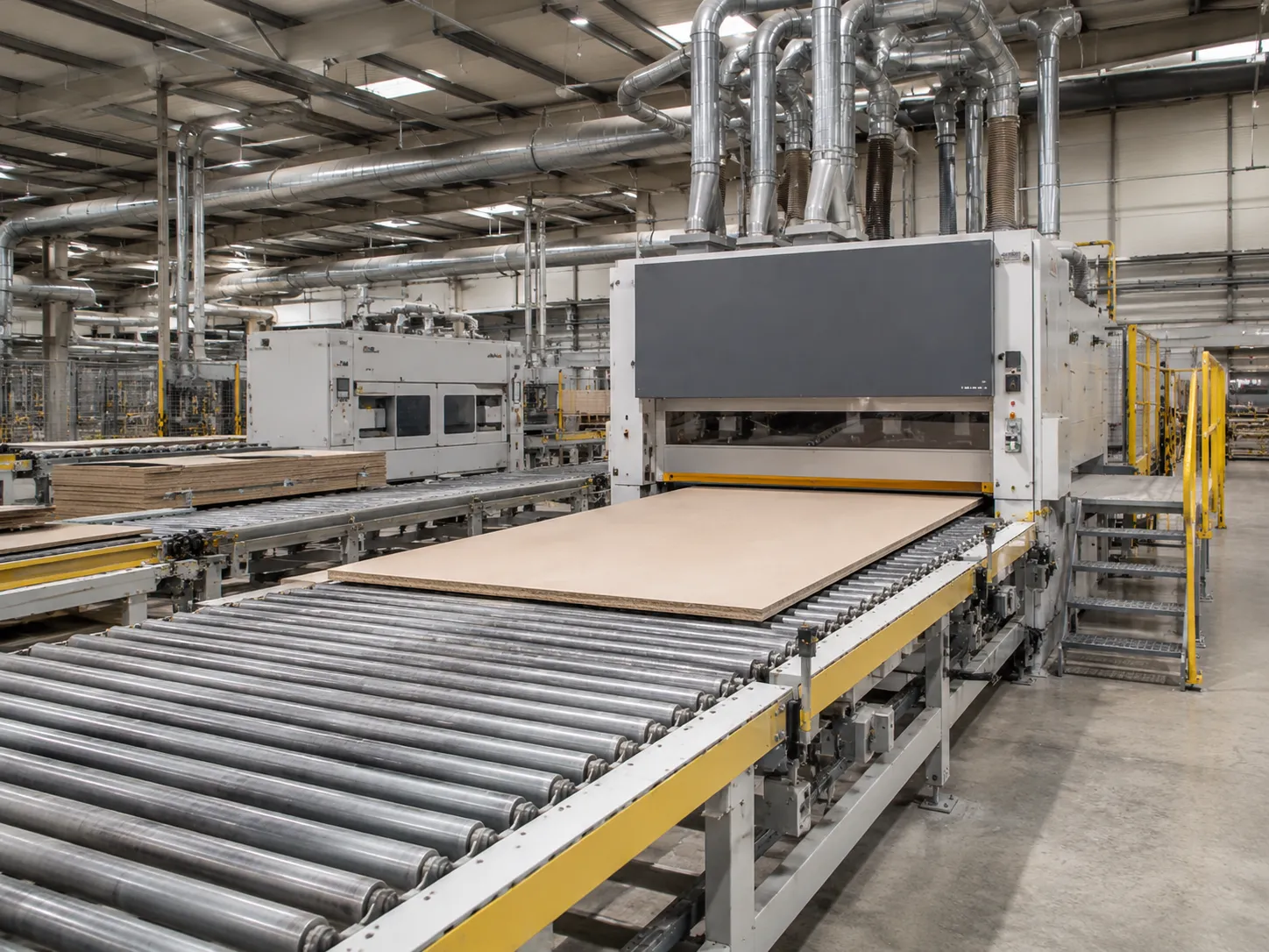 Sanding and calibration line for engineered wood panels