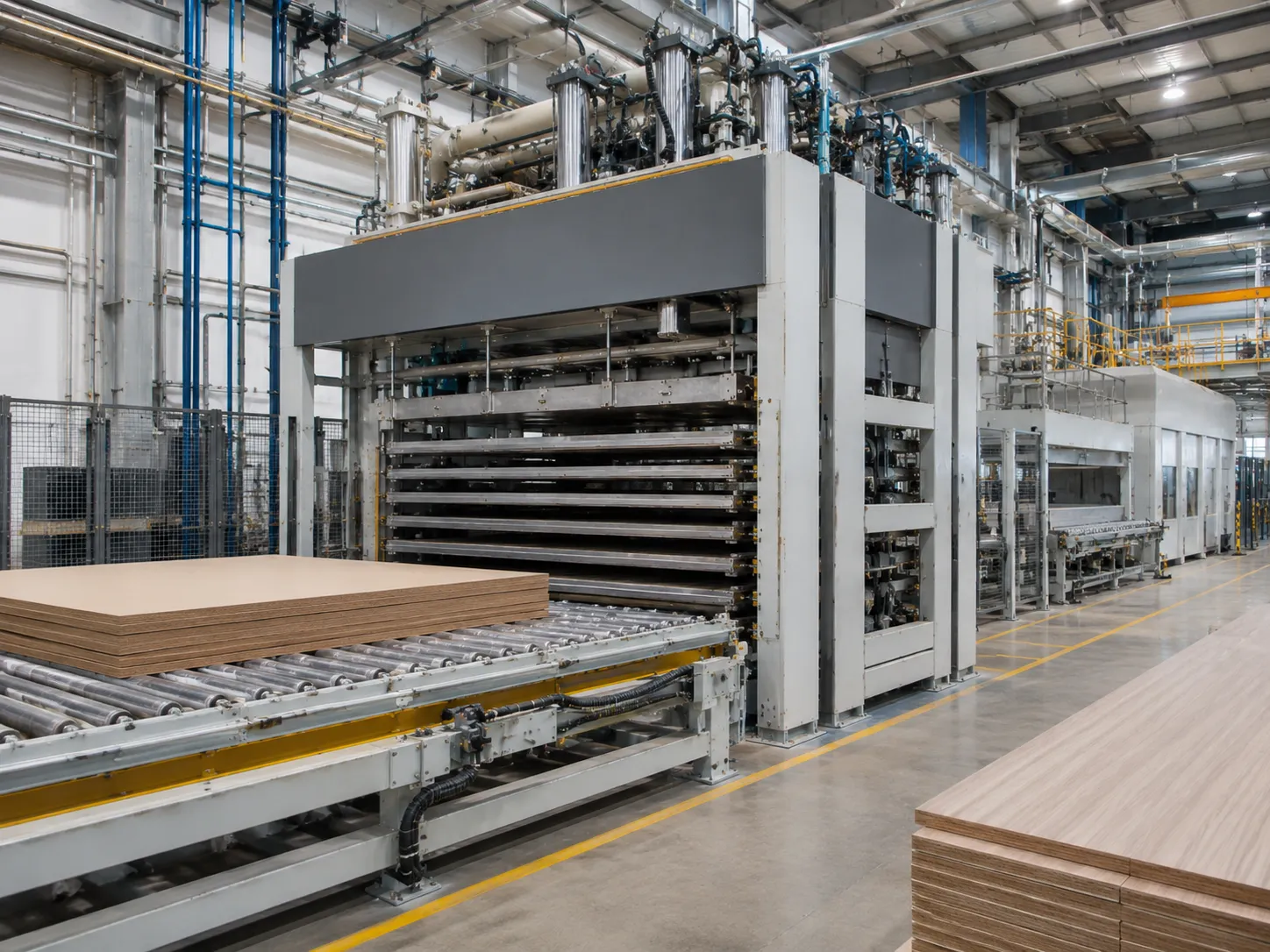 Lamination and surface press for melamine and decorative wood panels