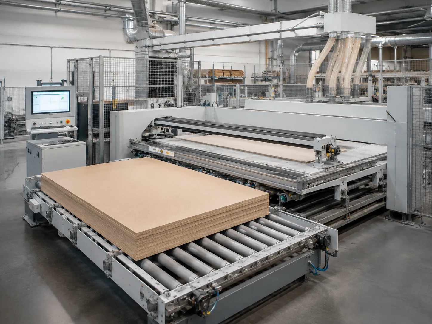 Automatic cutting and sizing equipment for wood panel production