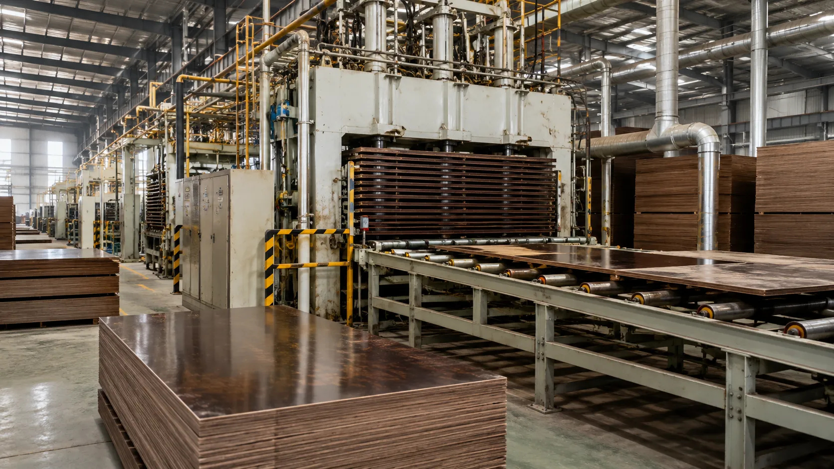 Film faced plywood manufacturing and hot press production