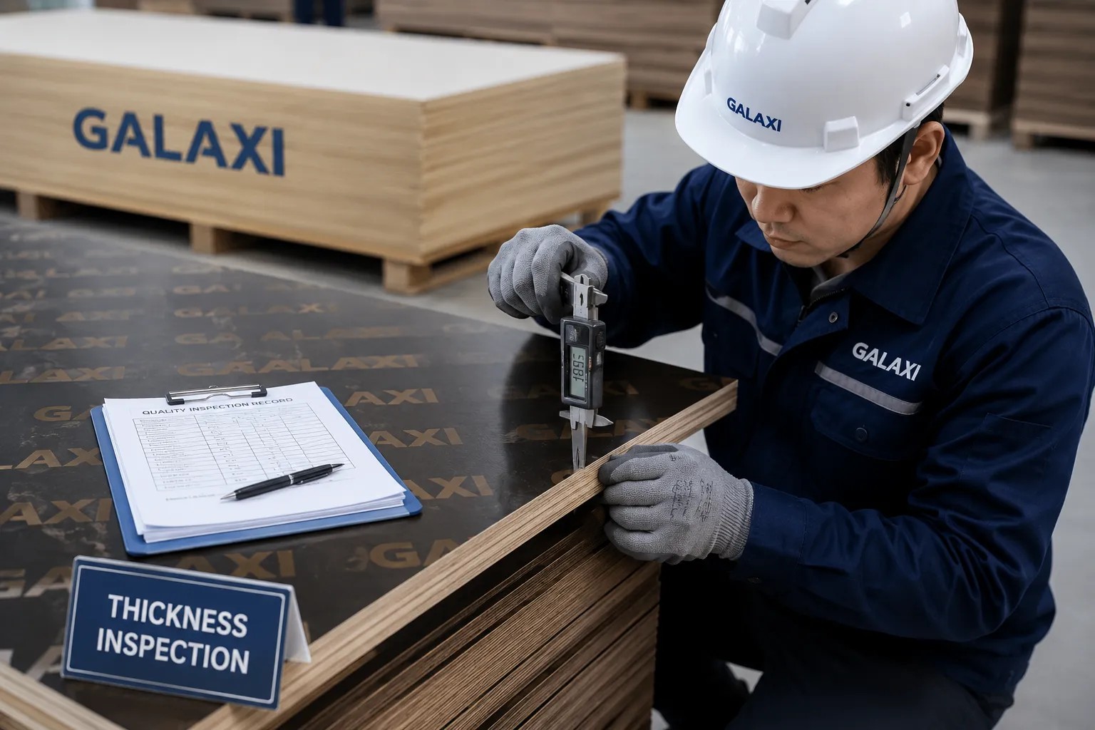 Film faced plywood thickness measurement and quality inspection