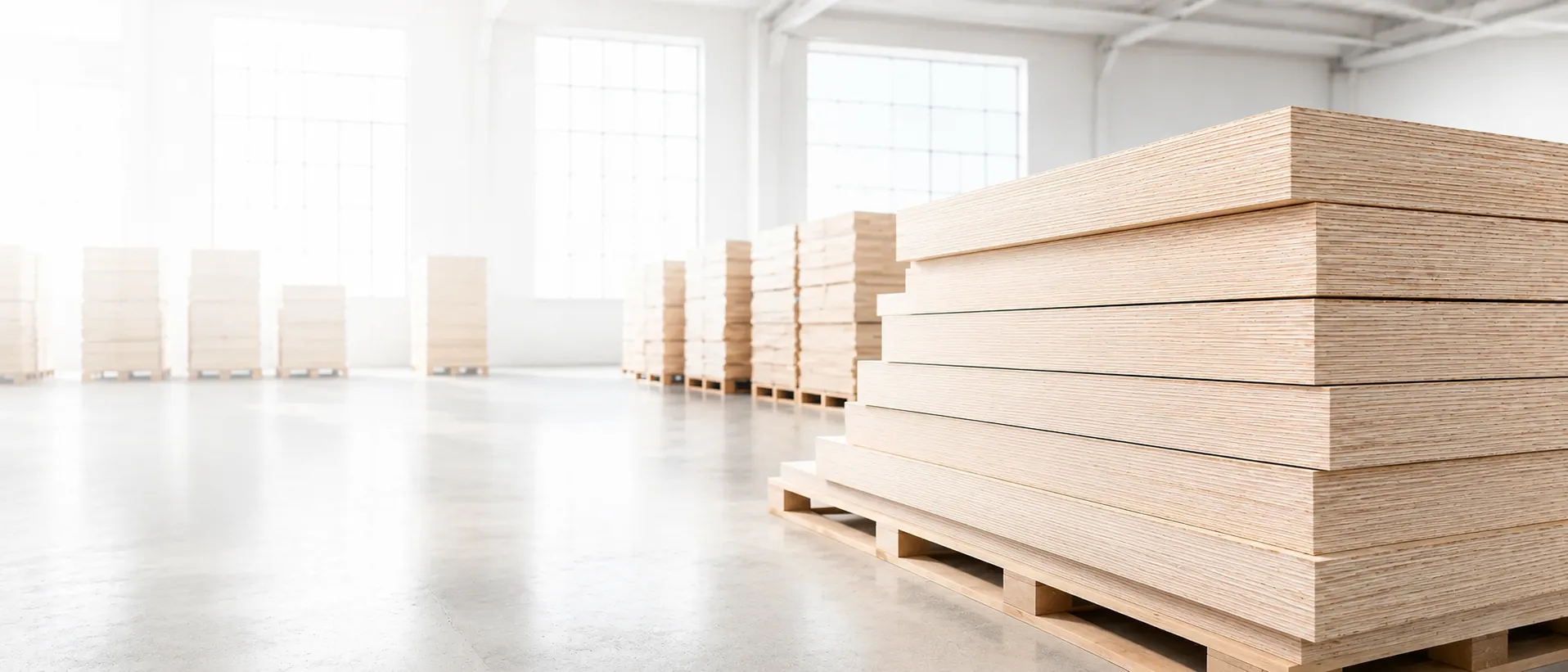 High-grade birch plywood panels stored in a clean wood panel warehouse