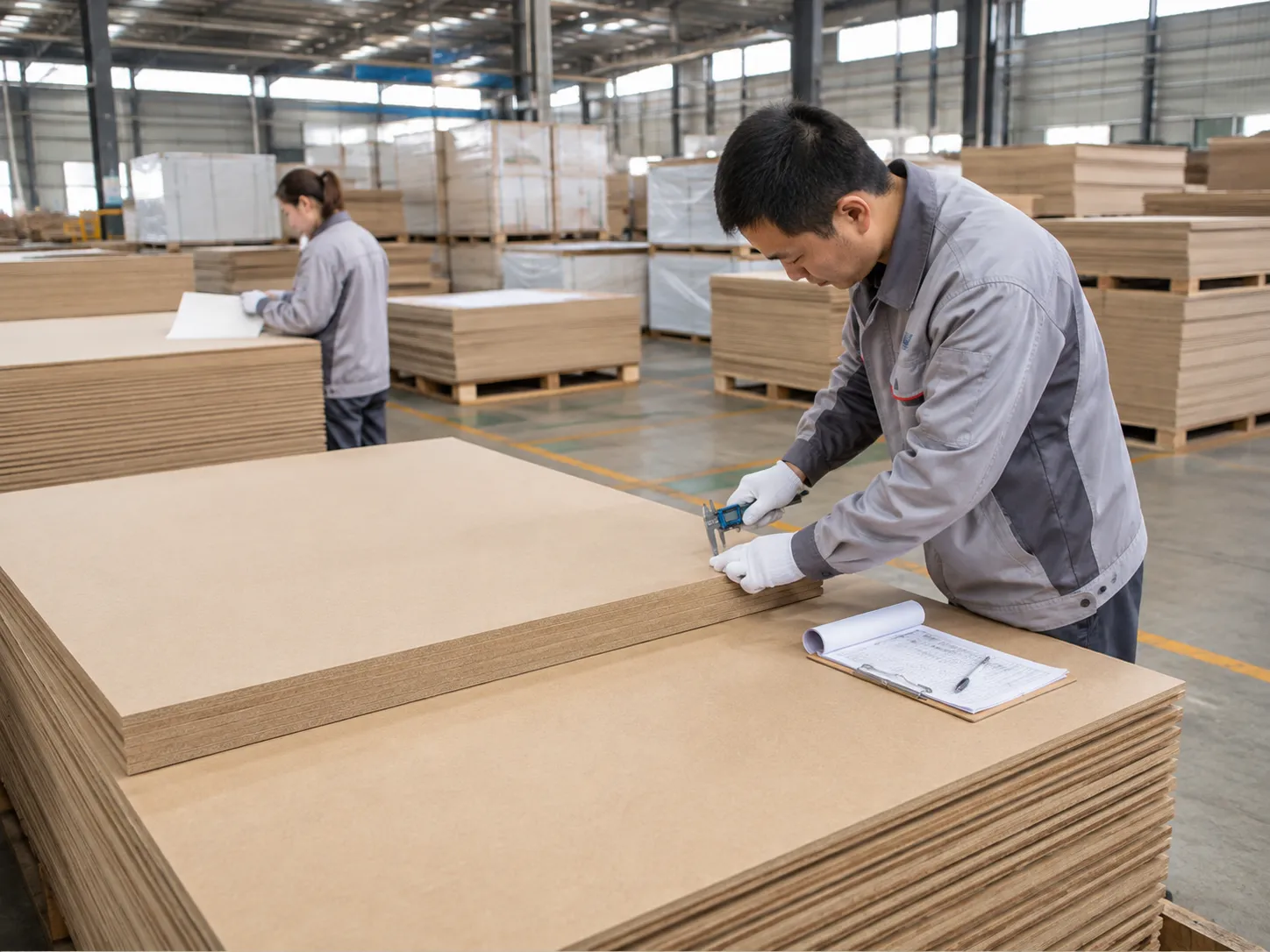 Finished MDF boards prepared for quality inspection and shipment