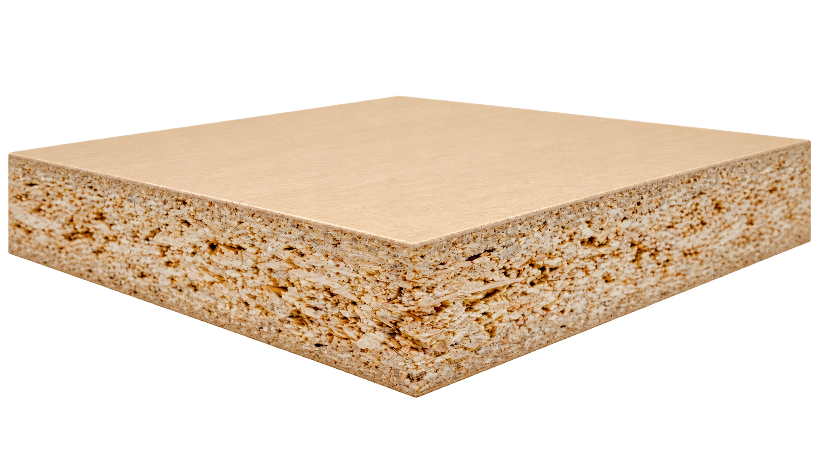 Particleboard cross section showing fine surface layers and coarse particle core