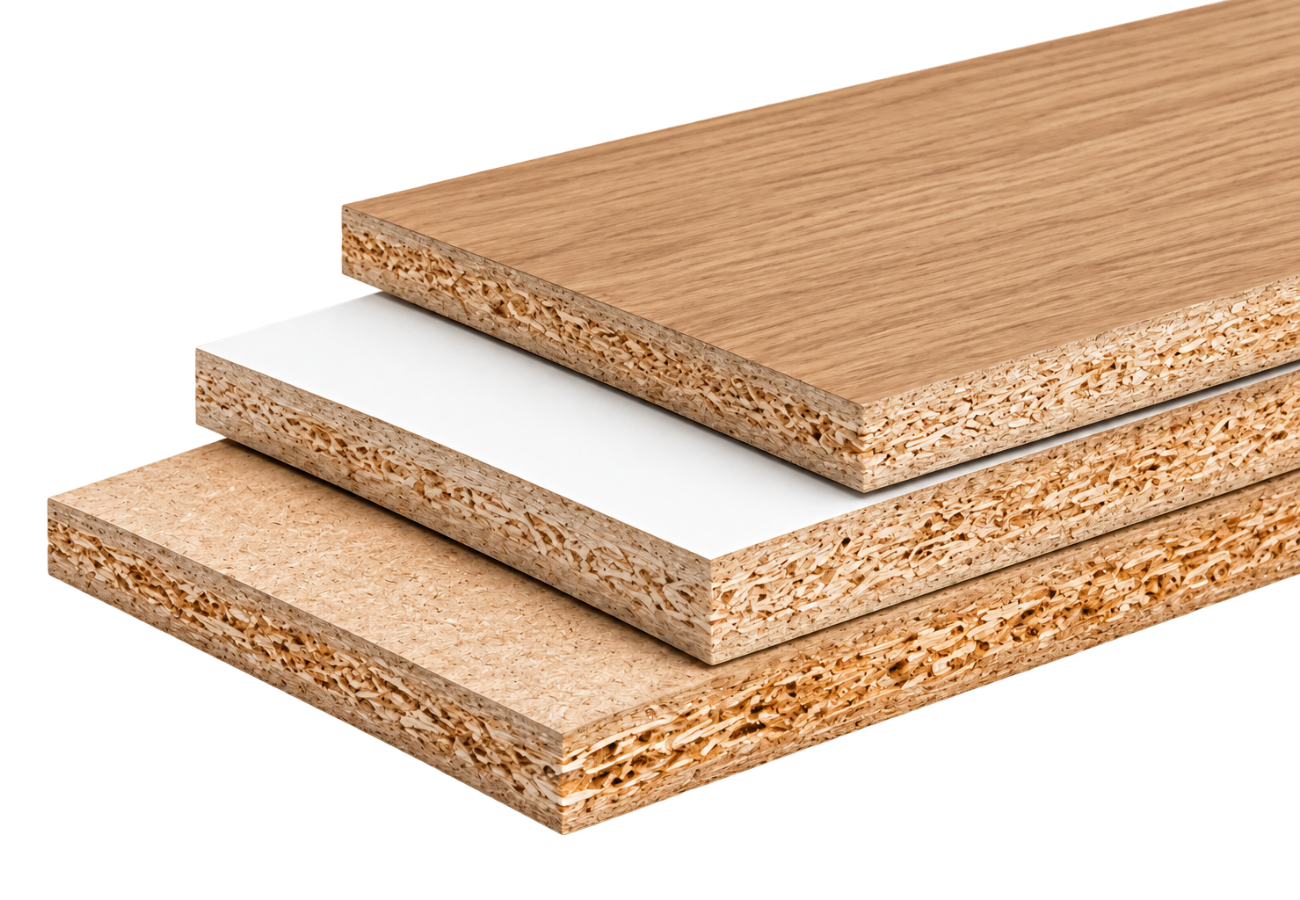 Raw and melamine faced particleboard panels